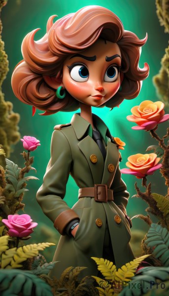 1girl,solo,short hair,blue eyes,brown hair,long sleeves,jewelry,closed mouth,standing,flower,earrings,necktie,belt,uniform,lips,coat,military,military uniform,makeup,buttons,rose,leaf,plant,lipstick,black necktie,pink flower,yellow flower,hands in pockets,looking afar,pink rose,shirt,artist name,blurry,eyelashes,watermark,looking away,web address,backlighting,freckles,curly hair,nose