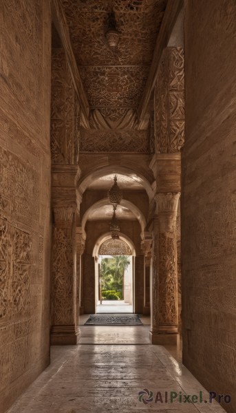 outdoors,day,indoors,no humans,window,shadow,sunlight,scenery,stairs,door,architecture,pillar,statue,arch,column,plant,light rays,wooden floor,hallway