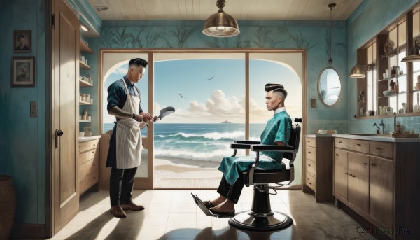 short hair,shirt,black hair,holding,sitting,standing,male focus,japanese clothes,multiple boys,necktie,sky,shoes,day,pants,cloud,indoors,2boys,kimono,water,apron,blue sky,window,shadow,facial hair,bird,ocean,chair,beach,blue shirt,white apron,mustache,door,lamp,picture frame,painting (object),drawer,cabinet,hat,uniform,crossed legs,scenery,sleeves rolled up,reflection,mirror,photo (object),stool,kitchen,pompadour,sink,desk lamp