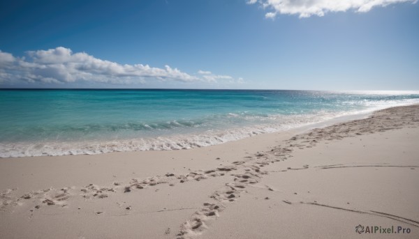 outdoors,sky,day,cloud,water,blue sky,no humans,ocean,beach,cloudy sky,scenery,sand,horizon,waves,shore,monochrome,footprints