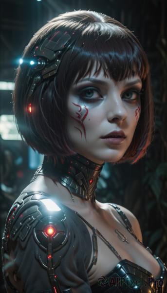 1girl,solo,breasts,looking at viewer,short hair,bangs,blue eyes,brown hair,black hair,cleavage,medium breasts,upper body,choker,artist name,blurry,black eyes,lips,grey eyes,eyelashes,tattoo,makeup,blurry background,glowing,headgear,facial mark,bob cut,eyeshadow,science fiction,realistic,nose,android,red lips,eyeliner,cyborg,cyberpunk,small breasts,parted lips,from side,watermark,web address,facepaint,mascara