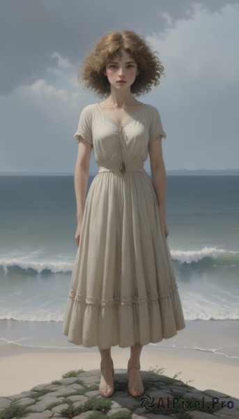 1girl,solo,breasts,looking at viewer,short hair,brown hair,dress,brown eyes,jewelry,closed mouth,standing,collarbone,full body,short sleeves,outdoors,sky,barefoot,day,cloud,medium hair,water,necklace,white dress,lips,toes,ocean,beach,sandals,cloudy sky,curly hair,rock,realistic,sand,arms at sides,horizon,red lips,waves,shore,blush,blonde hair,medium breasts,earrings,parted lips,blue sky,wind