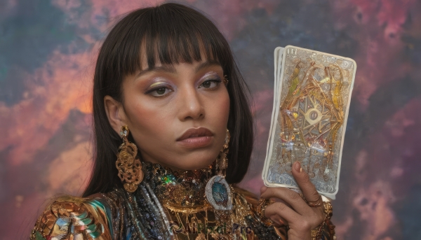 1girl,solo,long hair,looking at viewer,bangs,brown hair,black hair,holding,brown eyes,jewelry,closed mouth,upper body,earrings,hand up,dark skin,blunt bangs,necklace,blurry,black eyes,dark-skinned female,lips,eyelashes,makeup,blurry background,ring,gem,portrait,eyeshadow,realistic,card,nose,eyeliner,holding card,gold,egyptian,egyptian clothes,sky,nail polish,fingernails