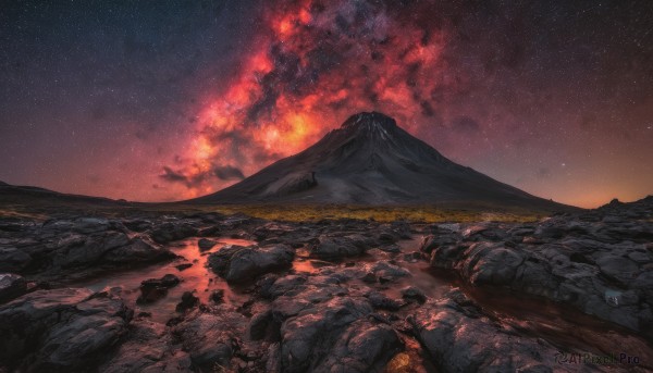 outdoors, sky, cloud, no humans, night, star (sky), night sky, scenery, starry sky, rock, mountain, landscape, mountainous horizon, milky way