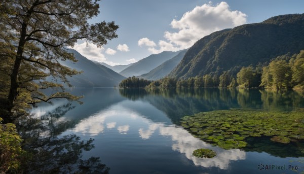 outdoors,sky,day,cloud,water,tree,blue sky,no humans,cloudy sky,nature,scenery,forest,reflection,mountain,river,landscape,lake,signature,grass,mountainous horizon,reflective water