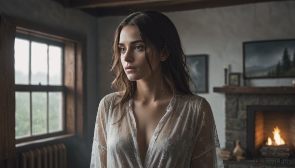 1girl,solo,long hair,breasts,brown hair,black hair,cleavage,brown eyes,medium breasts,closed mouth,collarbone,upper body,indoors,blurry,black eyes,lips,wet,see-through,looking to the side,window,depth of field,blurry background,looking away,fire,messy hair,wet clothes,realistic,nose,candle,wet hair,painting (object),fireplace,blue eyes,tree,sunlight