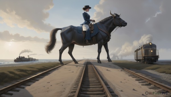 1girl,solo,short hair,brown hair,gloves,long sleeves,hat,jacket,outdoors,sky,day,cloud,bag,black footwear,uniform,black headwear,ocean,sunlight,blue jacket,ground vehicle,scenery,motor vehicle,sunset,riding,wide shot,horse,train,horseback riding,railroad tracks,saddle,shirt,boots,pants,from side,military,profile,grass