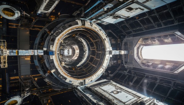 dutch angle,no humans,window,from above,building,scenery,machinery,science fiction,cable,space,spacecraft,floating,realistic,planet,concept art