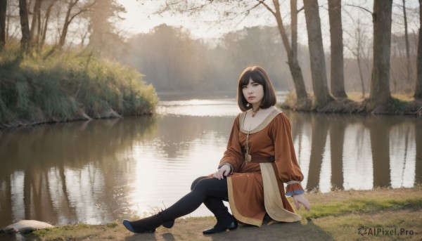 1girl,solo,breasts,looking at viewer,short hair,bangs,brown hair,black hair,thighhighs,long sleeves,dress,cleavage,jewelry,sitting,closed mouth,full body,pantyhose,boots,outdoors,choker,day,medium hair,water,necklace,black footwear,black eyes,tree,lips,black pantyhose,sunlight,grass,nature,scenery,forest,reflection,river,lake,pond,signature,bob cut,rock,realistic,stream