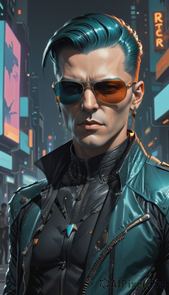 solo,looking at viewer,short hair,shirt,black hair,1boy,jewelry,closed mouth,blue hair,jacket,upper body,male focus,earrings,outdoors,open clothes,solo focus,artist name,open jacket,lips,black jacket,black shirt,aqua hair,sunglasses,zipper,city,realistic,leather,tinted eyewear,leather jacket,cyberpunk,aviator sunglasses,night,facial hair,science fiction,manly,cyborg