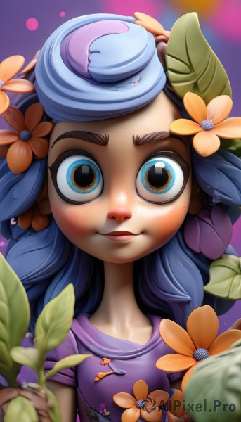 1girl,solo,long hair,looking at viewer,blush,smile,blue eyes,shirt,hair ornament,hat,closed mouth,blue hair,upper body,flower,short sleeves,artist name,hair flower,blurry,lips,eyelashes,depth of field,leaf,thick eyebrows,plant,child,freckles,purple shirt,holding,watermark,web address