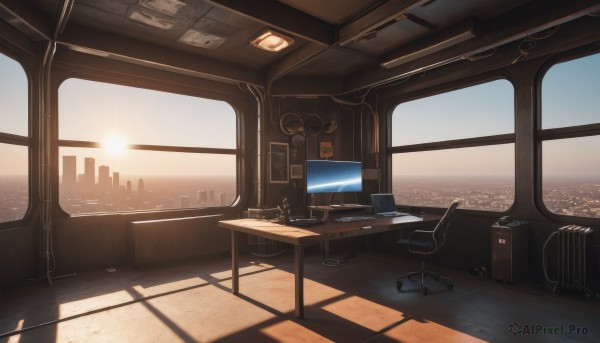 sky,cloud,indoors,no humans,window,shadow,ocean,chair,table,sunlight,building,instrument,scenery,desk,sunset,city,sun,horizon,cityscape,cable,computer,monitor,laptop,skyscraper,keyboard (computer),speaker,sunrise,skyline,seat,phone,mouse (computer)