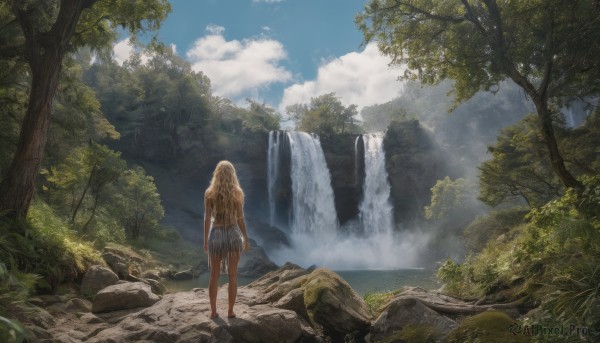 1girl, solo, long hair, blonde hair, standing, outdoors, sky, shorts, day, cloud, water, from behind, tree, blue sky, nature, scenery, forest, facing away, river, waterfall