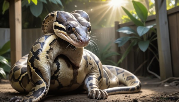 HQ,solo,closed mouth,full body,closed eyes,outdoors,lying,day,signature,blurry,pokemon (creature),no humans,blurry background,animal,leaf,sunlight,sleeping,plant,lens flare,light rays,snake,realistic,animal focus,whiskers,artist name,on stomach,claws,scales,lizard