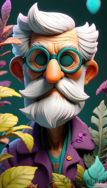 solo,looking at viewer,shirt,1boy,holding,jacket,closed eyes,upper body,flower,white hair,male focus,glasses,collared shirt,artist name,signature,blurry,buttons,facial hair,leaf,plant,portrait,facing viewer,beard,green background,round eyewear,mustache,purple shirt,purple jacket,old,badge,old man,button badge,wrinkled skin,short hair,simple background,open clothes,open jacket,sunglasses,web address,green shirt,opaque glasses