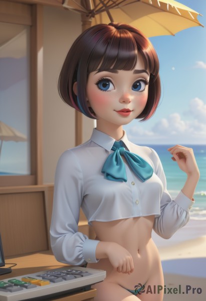 1girl,solo,breasts,looking at viewer,blush,smile,short hair,bangs,blue eyes,brown hair,shirt,long sleeves,bow,navel,closed mouth,standing,swimsuit,white shirt,bikini,cowboy shot,small breasts,outdoors,food,sky,day,midriff,collared shirt,artist name,cloud,hand up,bowtie,water,stomach,blurry,blue sky,lips,crop top,makeup,blurry background,ocean,umbrella,beach,bob cut,thick eyebrows,no pants,freckles,horizon,red lips,bikini bottom only,beach umbrella,underwear,panties,blunt bangs,see-through,table,lipstick,crop top overhang