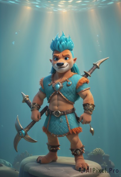 solo,looking at viewer,smile,blue eyes,1boy,navel,holding,jewelry,blue hair,standing,full body,weapon,male focus,barefoot,pointy ears,midriff,belt,necklace,holding weapon,bracelet,muscular,scar,abs,sunlight,child,furry,bubble,light rays,underwater,anklet,air bubble,furry male,axe,male child,loincloth,holding axe,long hair,sword,artist name,water,fish,rock,submerged,mohawk