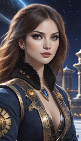 1girl,solo,long hair,breasts,looking at viewer,brown hair,cleavage,brown eyes,jewelry,medium breasts,jacket,upper body,earrings,parted lips,open clothes,sky,necklace,blurry,lips,fur trim,eyelashes,makeup,night,blurry background,moon,gem,star (sky),night sky,pendant,starry sky,nose,space,planet,bangs,outdoors,artist name,signature,parted bangs,lipstick,forehead,fur collar,realistic,shooting star