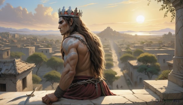 solo,long hair,brown hair,1boy,brown eyes,jewelry,sitting,closed mouth,weapon,male focus,outdoors,sky,cloud,necklace,from behind,tree,tattoo,profile,muscular,facial hair,back,scar,sunlight,cloudy sky,crown,knife,pectorals,muscular male,polearm,building,wristband,scenery,bara,topless male,sunset,mountain,sun,headdress,bracer,dagger,arm tattoo,manly,rooftop,sunrise,black hair,from side,beard,city,mature male,fantasy,cityscape