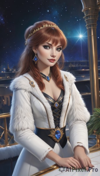 1girl,solo,long hair,breasts,looking at viewer,smile,bangs,blue eyes,brown hair,long sleeves,dress,cleavage,jewelry,medium breasts,earrings,outdoors,sky,choker,necklace,white dress,lips,coat,grey eyes,fur trim,makeup,night,tiara,crown,plant,lipstick,gem,star (sky),night sky,corset,starry sky,railing,white coat,red lips,fur-trimmed coat,balcony,brown eyes,artist name,instrument,realistic,piano