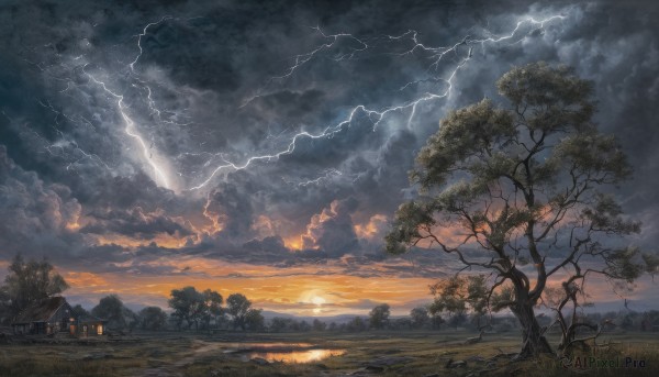 A lightning captured beautifully in a inviting sunset outdoors