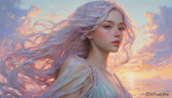 1girl,solo,long hair,breasts,looking at viewer,blue eyes,dress,bare shoulders,upper body,white hair,outdoors,parted lips,sky,cloud,water,white dress,lips,floating hair,ocean,wavy hair,cloudy sky,wind,freckles,sunset,realistic,nose,red lips,green eyes,day,blue sky,makeup,blue dress,sunlight,sun,horizon