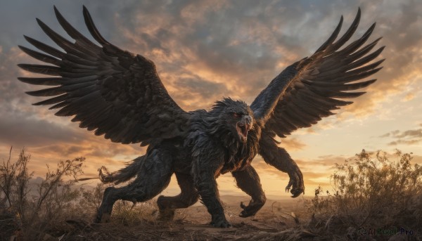 solo,open mouth,red eyes,tail,weapon,outdoors,wings,sky,teeth,sword,cloud,tree,no humans,fangs,cloudy sky,sharp teeth,feathered wings,claws,black wings,monster,multiple boys,animal,grass,nature,scenery,sunset,spread wings