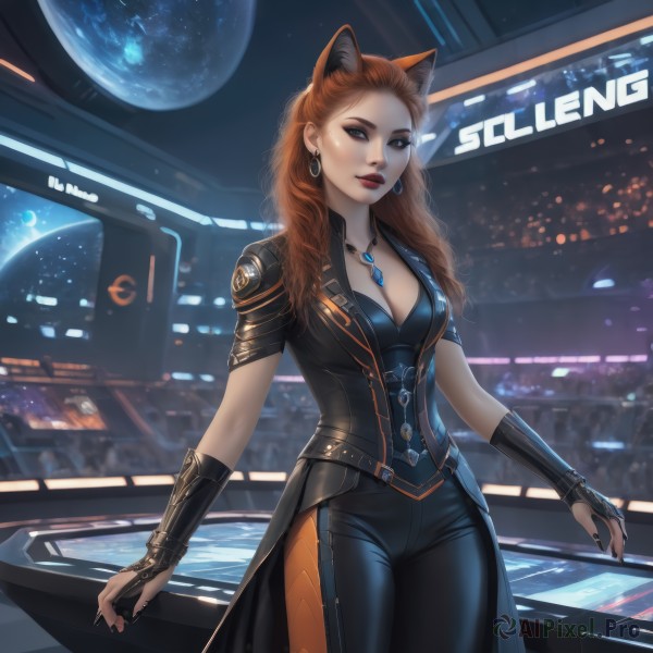 1girl,solo,long hair,breasts,looking at viewer,blue eyes,brown hair,gloves,animal ears,cleavage,jewelry,medium breasts,standing,short sleeves,cowboy shot,earrings,pants,artist name,cat ears,fingerless gloves,necklace,nail polish,orange hair,lips,fingernails,makeup,wavy hair,black pants,lipstick,ground vehicle,black nails,motor vehicle,forehead,eyeshadow,science fiction,hoop earrings,red lips,car,eyeliner,space,planet,red hair,black gloves,indoors,mole,fox ears,freckles,curly hair,realistic,tight,tight pants