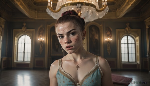 1girl,solo,breasts,looking at viewer,brown hair,hair ornament,dress,cleavage,bare shoulders,jewelry,medium breasts,collarbone,upper body,earrings,small breasts,parted lips,sleeveless,indoors,necklace,hair bun,mole,blurry,black eyes,lips,window,blue dress,single hair bun,cross,freckles,reflection,realistic,nose,candle,church,chandelier,mole on neck,short hair,black hair,brown eyes,blood,blood on face,dirty,body freckles