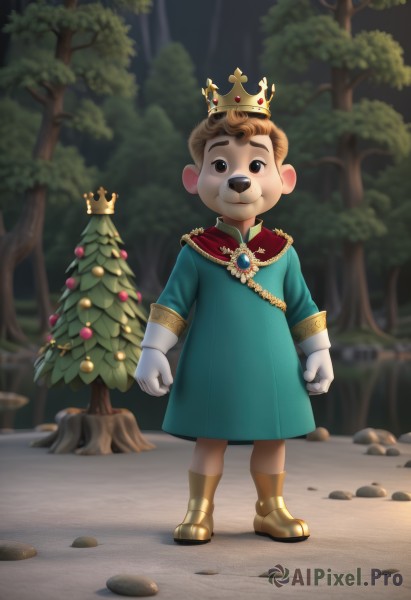 solo,looking at viewer,smile,short hair,brown hair,gloves,long sleeves,1boy,dress,brown eyes,jewelry,closed mouth,standing,full body,male focus,boots,outdoors,white gloves,blurry,black eyes,tree,blurry background,crown,gem,child,christmas,furry,clenched hands,forest,furry male,male child,blue eyes,animal ears,cape,brooch,robe,rock