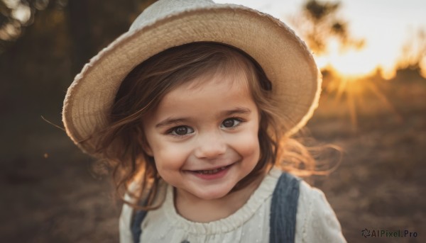 1girl,solo,looking at viewer,smile,open mouth,brown hair,shirt,hat,brown eyes,white shirt,upper body,outdoors,teeth,blurry,lips,blurry background,suspenders,child,portrait,sun hat,realistic,straw hat,female child,long hair,:d,sunlight,overalls