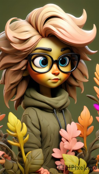 1girl,solo,long hair,blush,blue eyes,simple background,brown hair,long sleeves,closed mouth,upper body,flower,glasses,artist name,hood,sweater,lips,hoodie,makeup,colored skin,leaf,hood down,plant,messy hair,furry,pink flower,freckles,green background,black-framed eyewear,round eyewear,furry female,drawstring,green skin,green hoodie,short hair,blonde hair,jacket,pink hair,multicolored hair,monster girl,bespectacled,nose