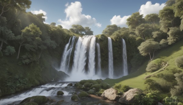 A waterfall surrounded by a lush day