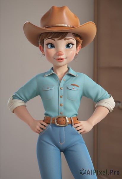 1girl,solo,looking at viewer,smile,short hair,blue eyes,brown hair,shirt,hat,jewelry,standing,cowboy shot,earrings,parted lips,collared shirt,belt,pants,indoors,lips,buttons,blue shirt,denim,sleeves rolled up,freckles,pocket,hands on hips,jeans,belt buckle,door,brown headwear,blue pants,stud earrings,brown belt,breast pocket,cowboy hat,blurry,makeup,lipstick,buckle,red lips,denim jacket