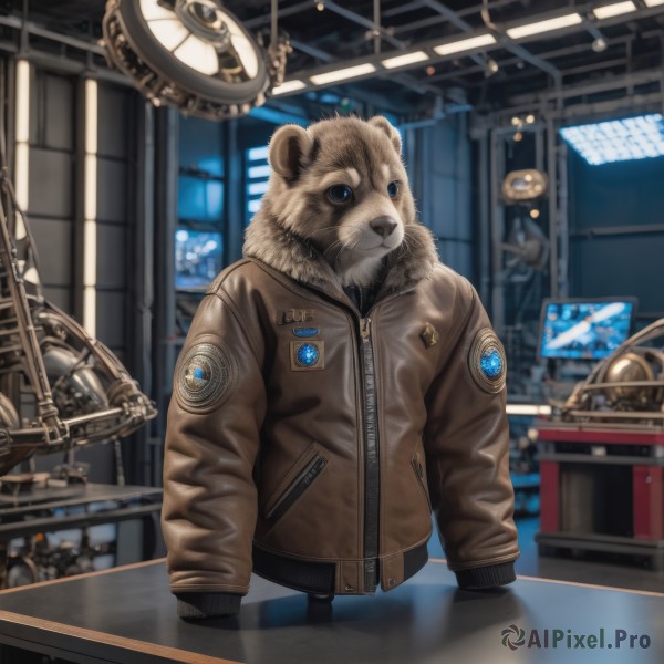 solo,blue eyes,long sleeves,standing,jacket,indoors,blurry,no humans,depth of field,animal,1other,zipper,reflection,science fiction,brown jacket,realistic,bear,clothed animal,animal ears,sleeves past wrists,military,blurry background,furry,emblem,zipper pull tab,badge,leather jacket,bomber jacket,patch,pilot