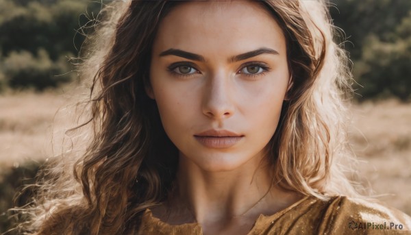 1girl,solo,long hair,looking at viewer,brown hair,brown eyes,closed mouth,outdoors,day,necklace,blurry,lips,grey eyes,eyelashes,depth of field,blurry background,wavy hair,portrait,forehead,freckles,curly hair,realistic,nose,sunlight,messy hair,close-up