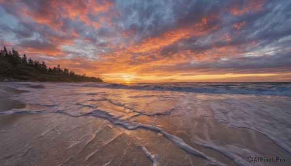 outdoors,sky,cloud,water,tree,no humans,ocean,beach,sunlight,cloudy sky,nature,scenery,forest,sunset,sand,sun,horizon,road,evening,landscape,shore,orange sky,reflection