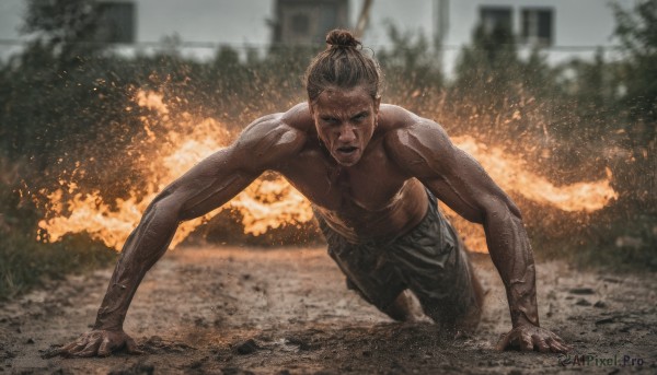 1girl,solo,looking at viewer,black hair,1boy,male focus,outdoors,dark skin,hair bun,blurry,tree,tattoo,muscular,blurry background,single hair bun,fire,all fours,building,realistic,explosion,dirty,topknot,burning,short hair,open mouth,brown hair,full body,barefoot,teeth,veins,topless male,photo background