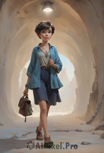 1girl,solo,breasts,looking at viewer,short hair,blue eyes,skirt,brown hair,shirt,black hair,long sleeves,holding,jewelry,standing,collarbone,jacket,full body,white shirt,parted lips,open clothes,shoes,shorts,belt,necklace,bag,black eyes,bracelet,lips,blue skirt,swept bangs,brown footwear,cardigan,crossed legs,blue jacket,pendant,walking,blue shorts,watch,handbag,realistic,nose,wristwatch,open cardigan,no socks,blush,cleavage,small breasts,open jacket,blouse,casual,holding bag