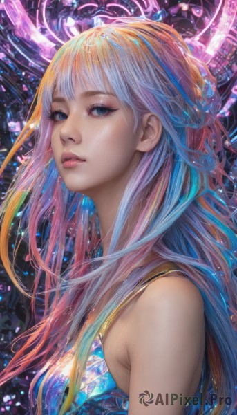 1girl,solo,long hair,breasts,looking at viewer,bangs,blue eyes,blonde hair,dress,bare shoulders,blue hair,upper body,pink hair,multicolored hair,parted lips,sleeveless,from side,lips,eyelashes,gradient hair,makeup,watermark,web address,realistic,nose,rainbow hair,closed mouth,white hair,artist name,orange hair,pink lips,colorful,mascara