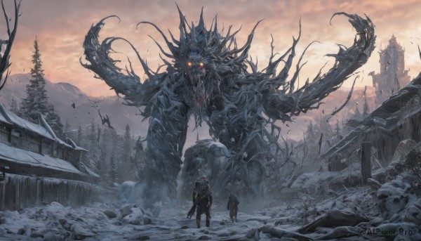 1boy,holding,standing,weapon,outdoors,multiple boys,sky,teeth,sword,cloud,from behind,holding weapon,armor,tree,gun,glowing,helmet,cloudy sky,building,holding gun,scenery,glowing eyes,snow,1other,skull,monster,mountain,fantasy,size difference,giant,ruins,house,multiple others,skeleton,bare tree,fog,2boys,bag,coat,backpack,rock,ambiguous gender,2others,eldritch abomination