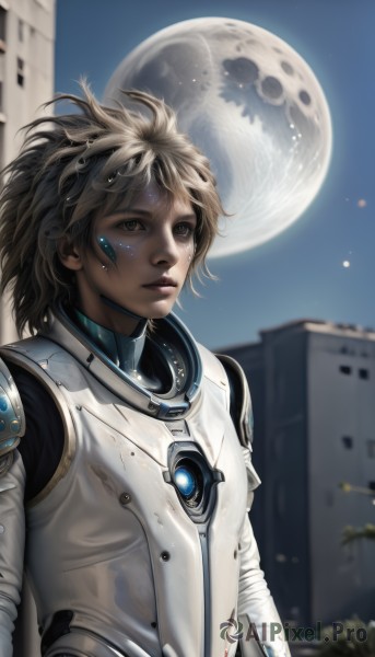 1girl,solo,short hair,blonde hair,brown hair,1boy,brown eyes,upper body,male focus,parted lips,sky,blurry,lips,bodysuit,blurry background,moon,looking up,building,messy hair,star (sky),full moon,science fiction,realistic,nose,looking afar,planet,cyborg,dirty,spacesuit,astronaut,looking at viewer,dark skin,facial mark,androgynous