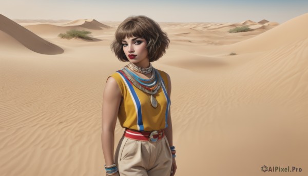 1girl,solo,short hair,brown hair,shirt,brown eyes,jewelry,standing,cowboy shot,outdoors,shorts,sleeveless,day,belt,pants,dark skin,necklace,bracelet,dark-skinned female,lips,looking to the side,sleeveless shirt,makeup,lipstick,wristband,realistic,nose,sand,arms at sides,red lips,desert,looking at viewer,sky,beach,cactus