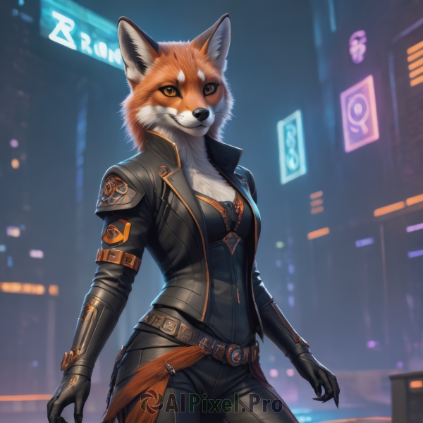 1girl,solo,breasts,looking at viewer,smile,short hair,gloves,long sleeves,animal ears,cleavage,brown eyes,medium breasts,standing,jacket,tail,cowboy shot,outdoors,open clothes,teeth,black gloves,belt,pants,artist name,grin,blurry,open jacket,black jacket,orange eyes,fox ears,night,depth of field,blurry background,fox tail,black pants,claws,furry,zipper,belt buckle,city,furry female,body fur,leather,snout,two-tone fur,neon lights,orange fur,small breasts,bodysuit,black bodysuit