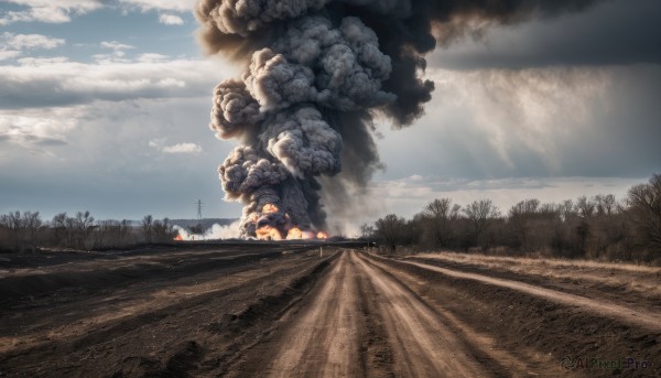 outdoors,sky,day,cloud,tree,blue sky,no humans,cloudy sky,grass,ground vehicle,nature,scenery,motor vehicle,forest,smoke,realistic,road,power lines,landscape,railroad tracks,military,fire,explosion