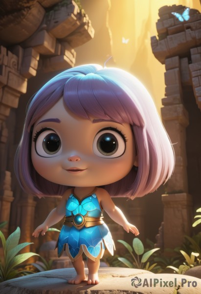 1girl,solo,looking at viewer,smile,short hair,open mouth,bangs,dress,bare shoulders,jewelry,standing,full body,pink hair,purple hair,outdoors,parted lips,barefoot,sleeveless,artist name,medium hair,chibi,black eyes,lips,book,bare arms,sleeveless dress,blue dress,sandals,sunlight,grass,bug,plant,butterfly,child,backlighting,female child,blue butterfly,leaf,watermark