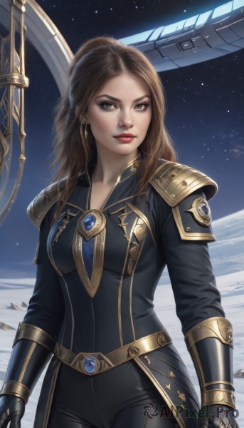 1girl,solo,long hair,breasts,looking at viewer,brown hair,gloves,brown eyes,jewelry,medium breasts,standing,weapon,cowboy shot,earrings,sky,belt,signature,armor,lips,bodysuit,makeup,lipstick,shoulder armor,gauntlets,star (sky),starry sky,pauldrons,gold trim,realistic,nose,black bodysuit,red lips,space,planet,earth (planet),spacecraft,ponytail,artist name