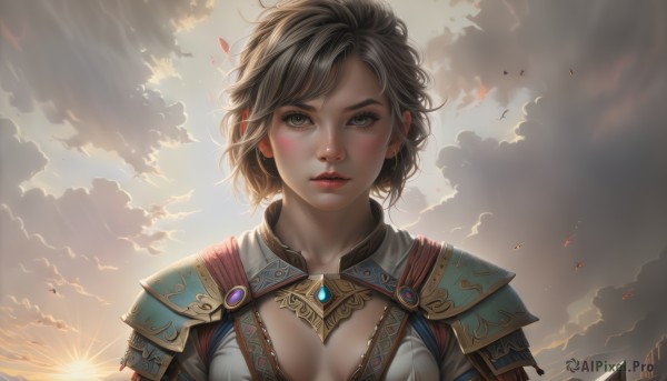 1girl,solo,breasts,looking at viewer,blush,short hair,bangs,brown hair,cleavage,brown eyes,jewelry,medium breasts,upper body,outdoors,parted lips,sky,teeth,day,artist name,cloud,signature,armor,lips,eyelashes,bird,watermark,sunlight,cloudy sky,wind,shoulder armor,gem,backlighting,pauldrons,sunset,light rays,realistic,nose,sun,scenery