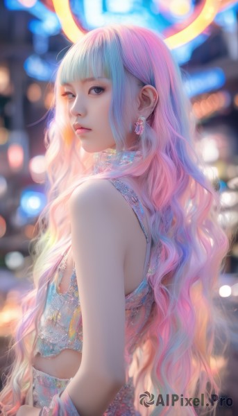 1girl,solo,long hair,looking at viewer,bangs,bare shoulders,jewelry,very long hair,closed mouth,upper body,pink hair,multicolored hair,earrings,sleeveless,blunt bangs,blurry,from side,lips,grey eyes,depth of field,blurry background,wavy hair,halo,realistic,nose,bokeh,breasts,underwear,white hair,outdoors,artist name,bra,black eyes,eyelashes,gradient hair,makeup,watermark,backlighting,neon lights