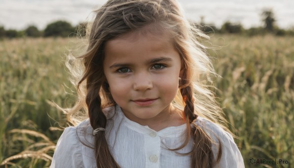 1girl,solo,long hair,looking at viewer,smile,brown hair,shirt,brown eyes,closed mouth,white shirt,upper body,braid,outdoors,day,blurry,twin braids,lips,grey eyes,buttons,depth of field,blurry background,wind,portrait,freckles,realistic,nose,field,twintails,parted lips,sunlight,grass